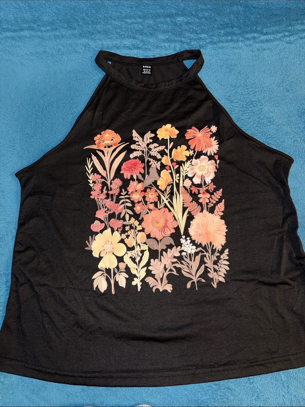 SHEIN Black Halter Tank with Peach & Pink Floral Print